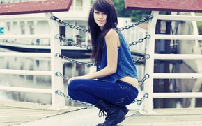 girl, building, jeans, brunette