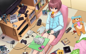 anime, Nintendo Entertainment System, purple eyes, Xbox 360, room, PlayStation 2