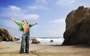 shirt, sea, man, nature, jeans