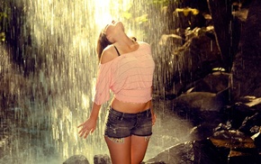 short tops, waterfall, girl, jean shorts