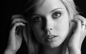 blonde, eyes, piercing, face, monochrome