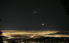 lights, mist, moon, night, landscape, Jupiter