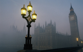 cities, bridge, London, mist