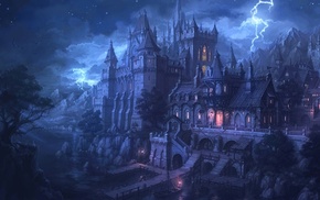 night, castle, water, lights, fantasy