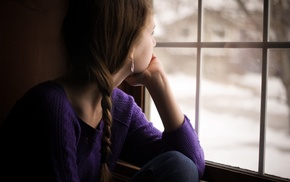 girl, sweater, looking away, brunette