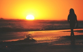 Golden Hour, waves, silhouette, girl, sunset, beach
