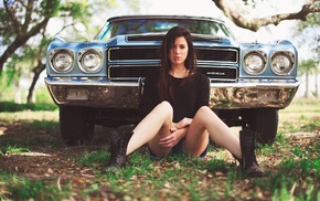 sitting, jean shorts, girl with cars, Chevrolet Chevelle, girl