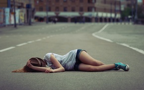 road, girl, lying down
