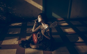 girl, guitar, brunette