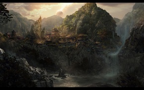 waterfall, Japan, mountain, fantasy art