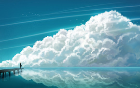 sea, girlie, clouds, anime