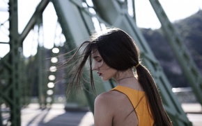 brunette, ponytail, dress