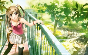 bridge, schoolgirls, anime girls, smiling, garden