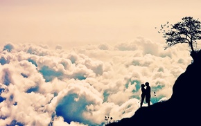 cliff, clouds, silhouette, love