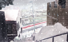 houses, anime, snow, road, winter