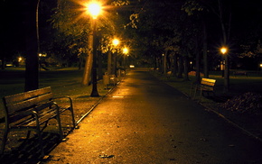 cities, bench, park, runway, night