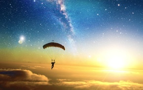 parachutes, skydiving, Liquicity, Sun, clouds, digital art