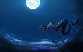 dragon, anime, moon, fly