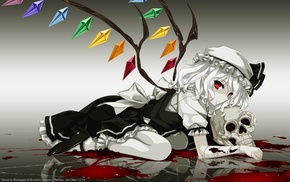 skull, blood, white hair, anime, wings, anime girls