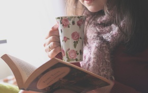 cup, girl, brunette, floral, books