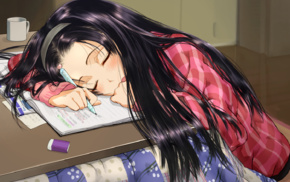 sleeping, dark hair, studying