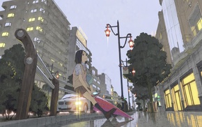 city, schoolgirls, rain, umbrella, anime, waiting