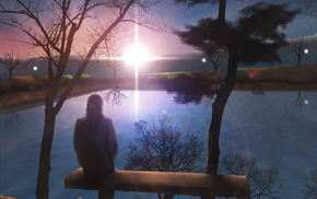 anime girls, lake, sitting, sunset, alone, original characters