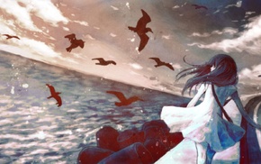 anime girls, seagulls, anime, sea, alone