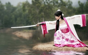 kimono, Asian, girl, sword, pink, katana
