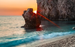 sunset, sun rays, waves, rock, sea