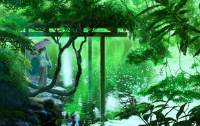 lake, anime, green, trees, umbrella