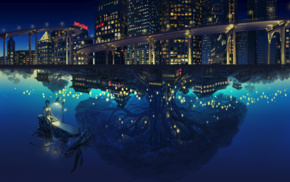 anime, water, trees, reflection, night view, building