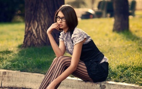 brunette, glasses, girl, striped leggings